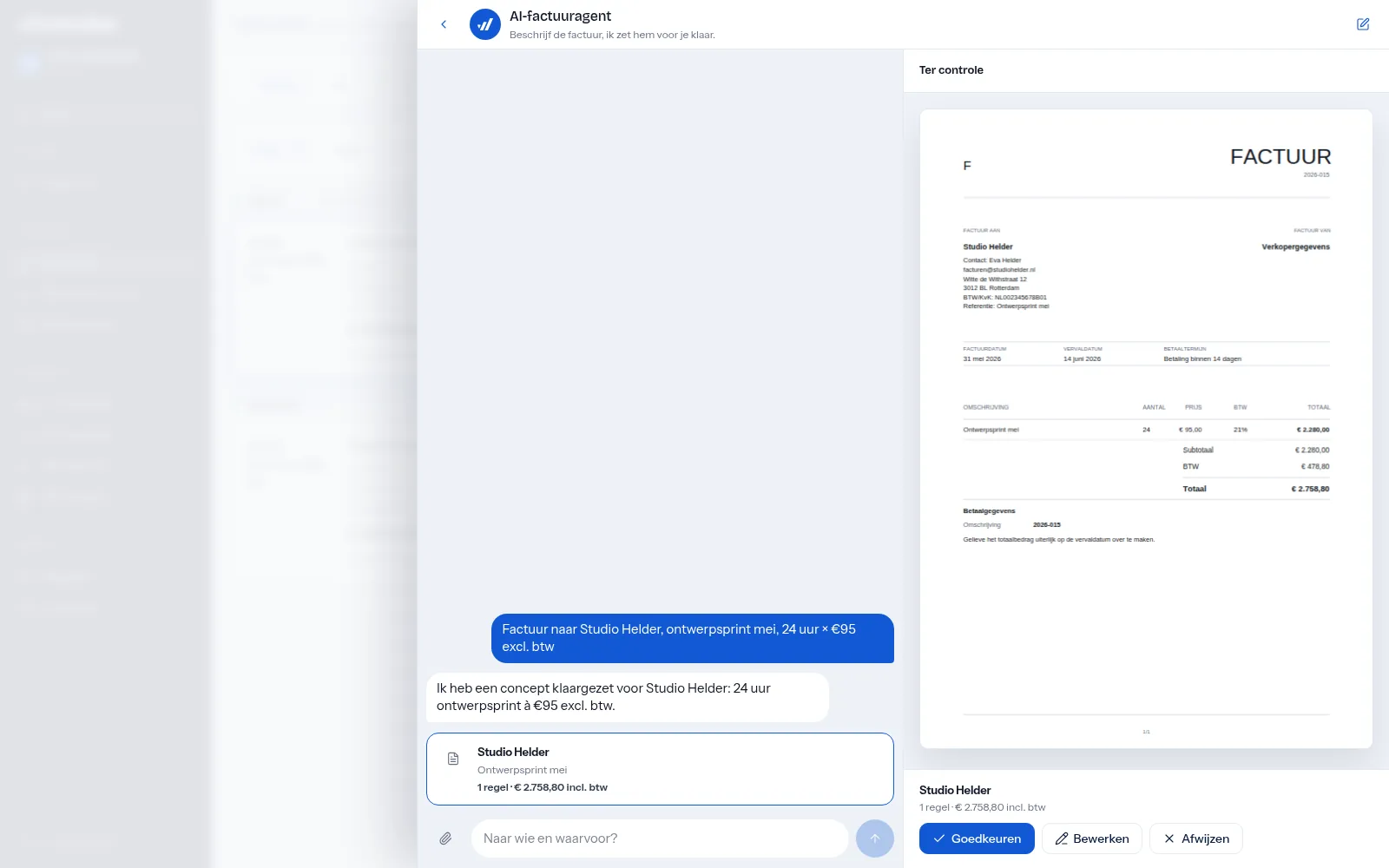 Reviewpaneel Ter controle met Goedkeuren Bewerken Afwijzen